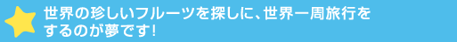 世界の珍しいフルーツを探しに、世界一周旅行をする>です！